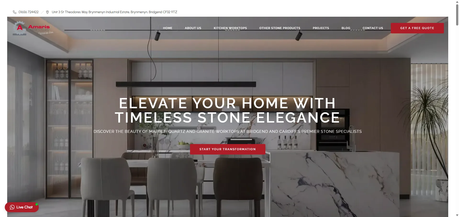Amaris Granite website screenshot — Luxury Services portfolio example by Invincible Media