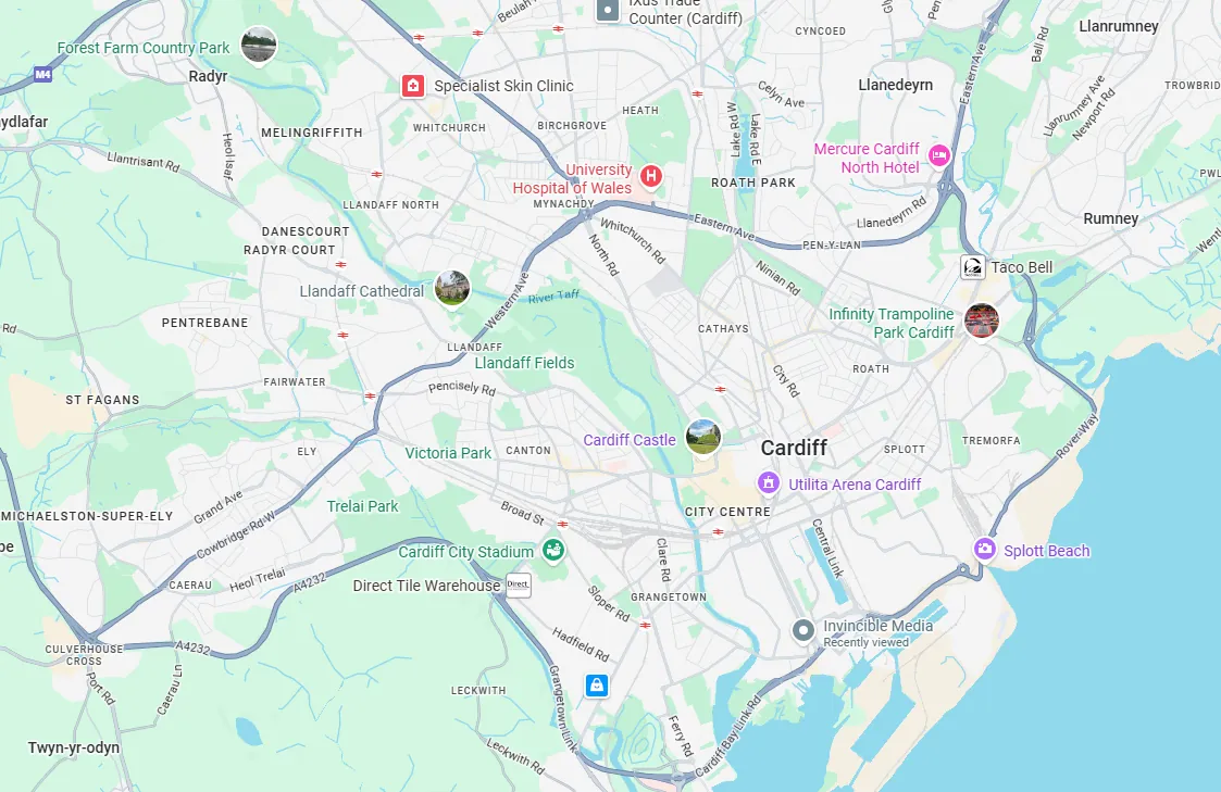 Google Maps ranking heatmap overlay for Cardiff and surrounding areas