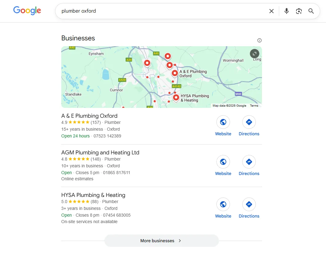 Example of #1 Google Maps ranking in service area showing top position for local searches