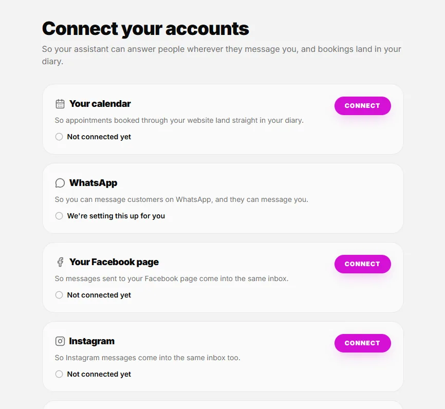 Invicta connect your accounts screen with options to connect a calendar, WhatsApp, a Facebook page and Instagram
