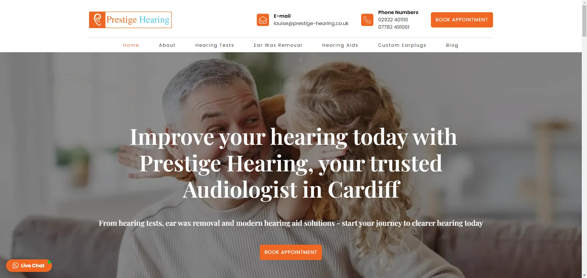 Prestige Hearing website screenshot — Healthcare portfolio example by Invincible Media